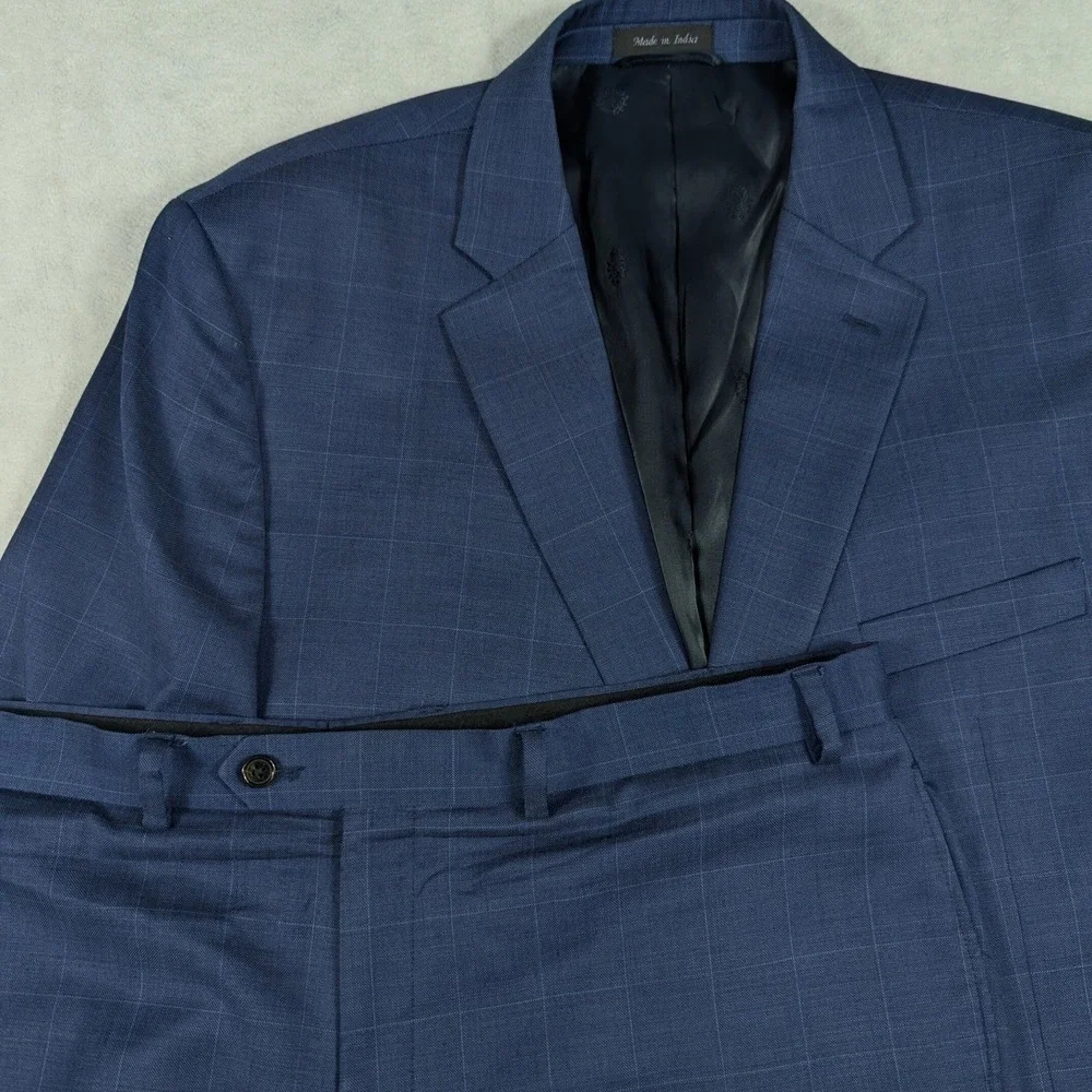 Lauren Ralph Lauren Mens Blue Windowpane 100% Wool 2-Piece Suit 46S 40W 28L